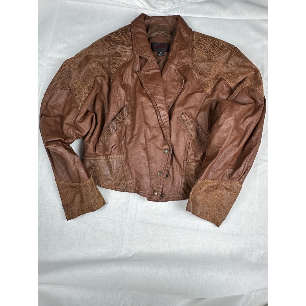 Vintage G-4000 Brown Leather Bomber Jacket 80s Textured Panels Medium‎